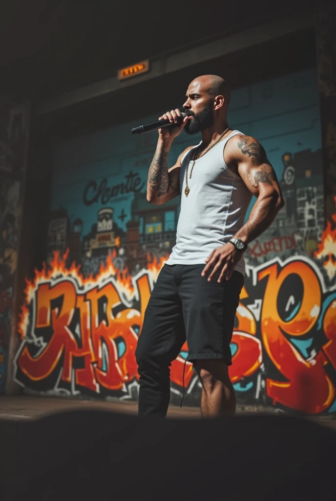 Replicate photo style Street graf fire white bald rapper with beard and mustache