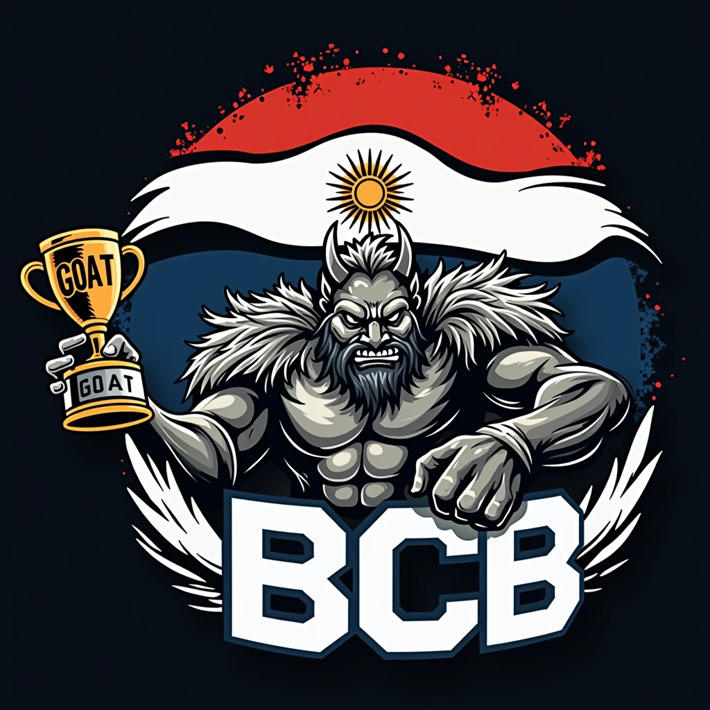 create a sports logo with the name ALD with a mascot Tupã holding a trophy with the word goat written inside with the Argentine flag behind it