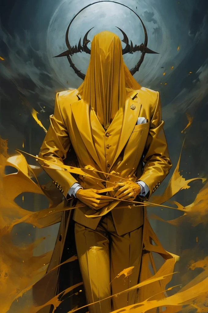 a demon, charcoal-black skin, gaunt, very slender/lanky, long boney fingers, very boney physique, deep yellow veil covering face, very thick veil, veil covering eyes and mouth, veil obscuring face completely, no visible face, mischievous body language, skeletal body, dry gaunt hands, arms held in front, golden-yellow tuxedo, golden-yellow business suit, deep yellow suit jacket. remove golden traces