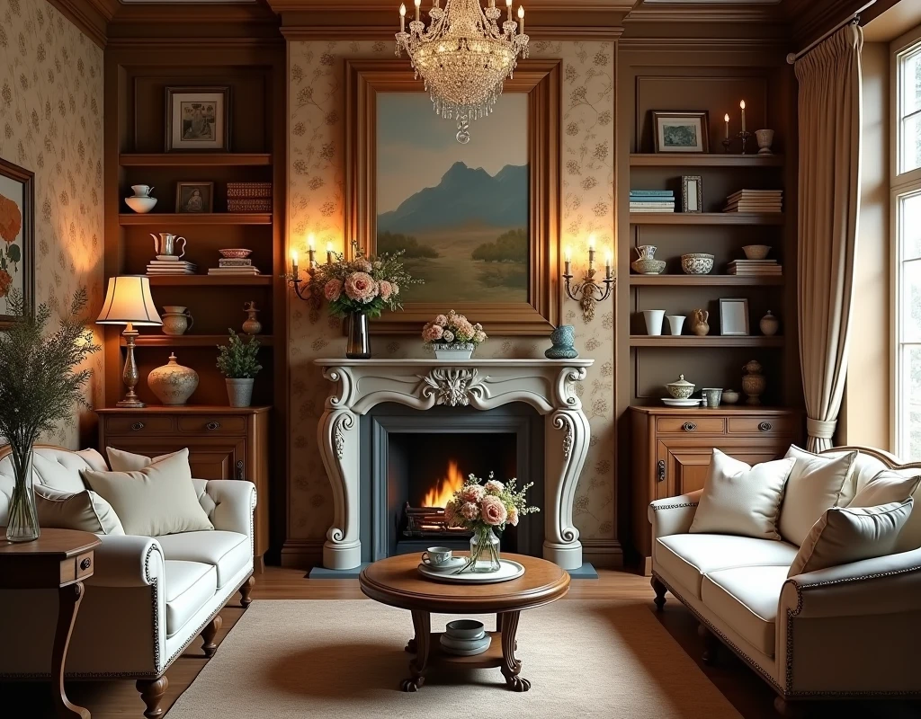 Vintage style living room, luxury, wood floor, floral wall, vintage frames, Hispanic flower vase, flower jar, molduras de vintage frames, crystal chandelier, good lighting, sophisticated lampshade, wall with details, brown carpet, wooden shelves with cups, porcelain plates, vintage books, wooden dresser, expelo giant french, fireplace, warm light, light stew sofa, linen pillows, cozily, candles.