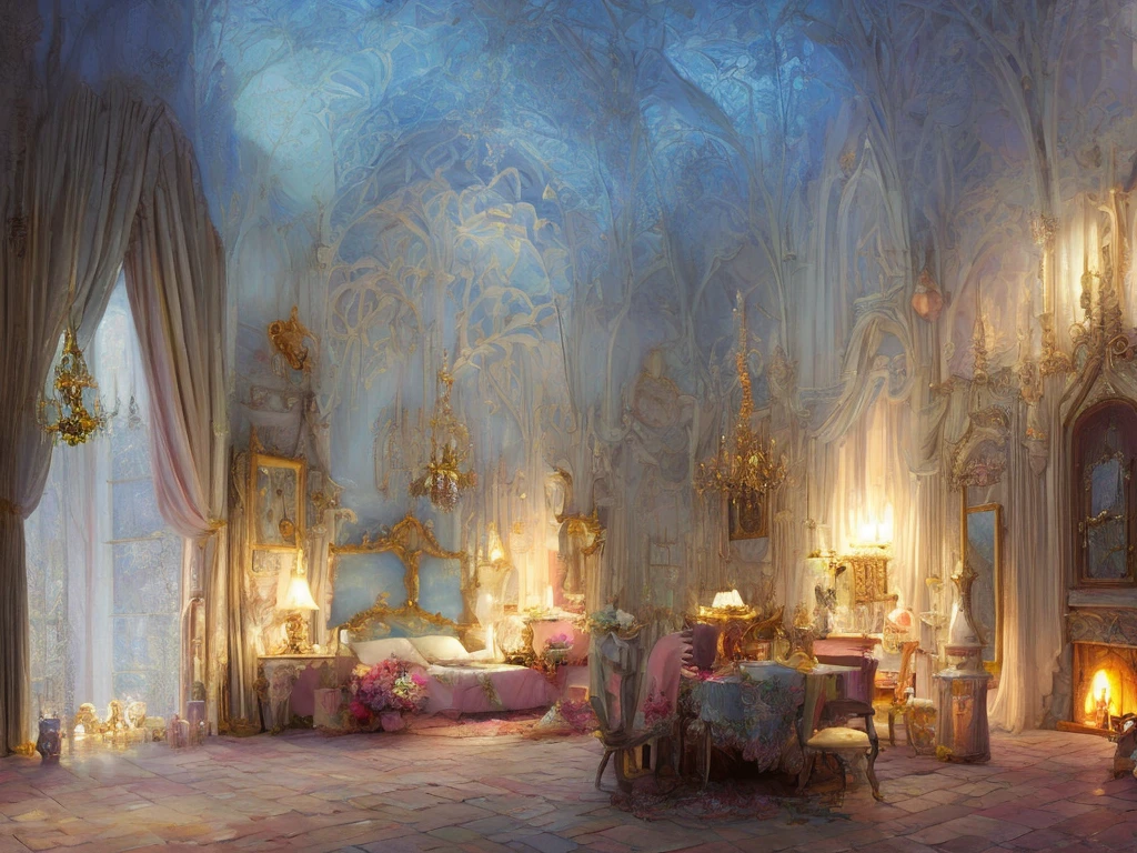 Fairy castle room, decorated with lush furniture in pastel colors, fairytale atmosphere, soft light, high chaos, intricate work by Johan Grenier style, Alyssa Monks style