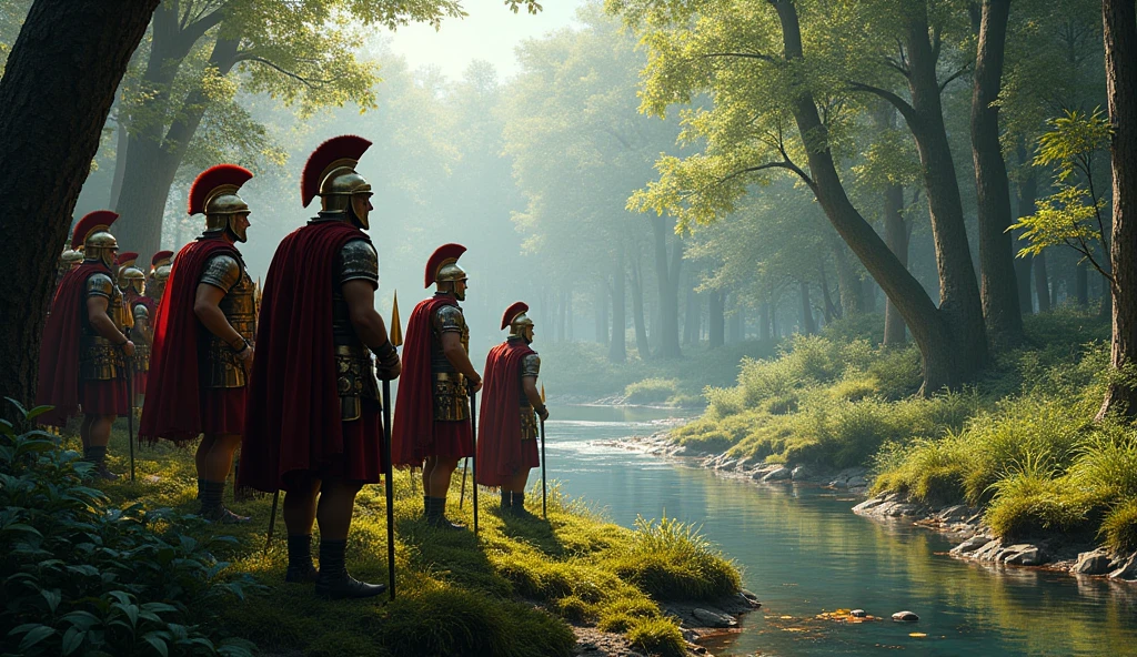 Roman soldiers in the forest near a river