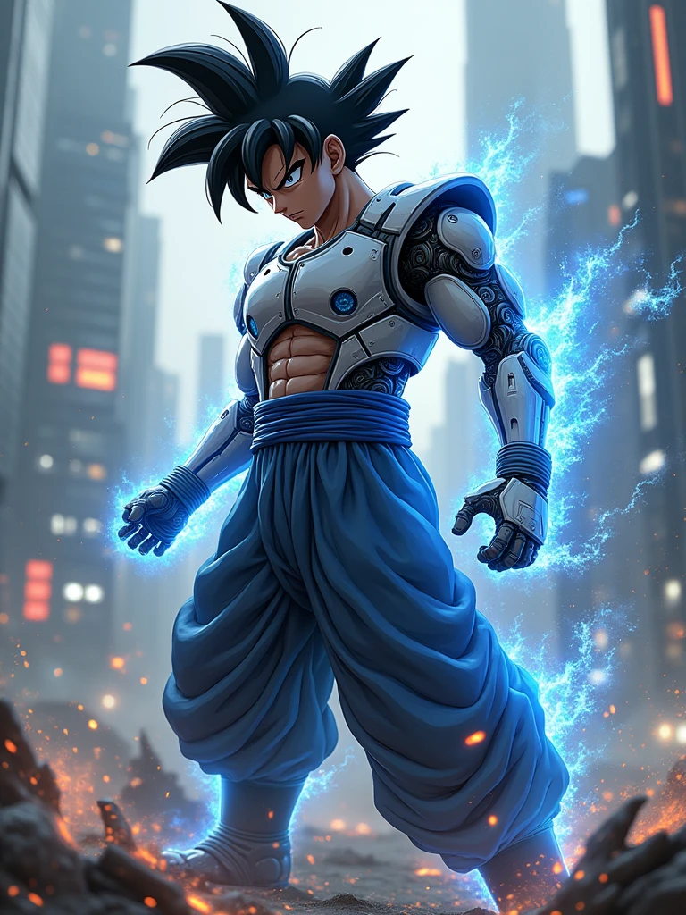 "Goku, sporting a futuristic cyborg style,. He has a blend of human and cybernetic features., He wears advanced battle armor incorporating glowing blue energy panels and mechanical parts., but his body is still essentially human.. His black hair is highlighted with strands of pulsating energy that change color. He utilizes adaptable nanofiber material and is in the midst of a battle against androids in a futuristic environment.. The scene includes high-tech buildings and futuristic cityscapes, with light effects and holograms in the background. The image should capture the integration of human and technological elements,, showcasing the intensity of the battle and the fusion of martial arts with advanced technology.."