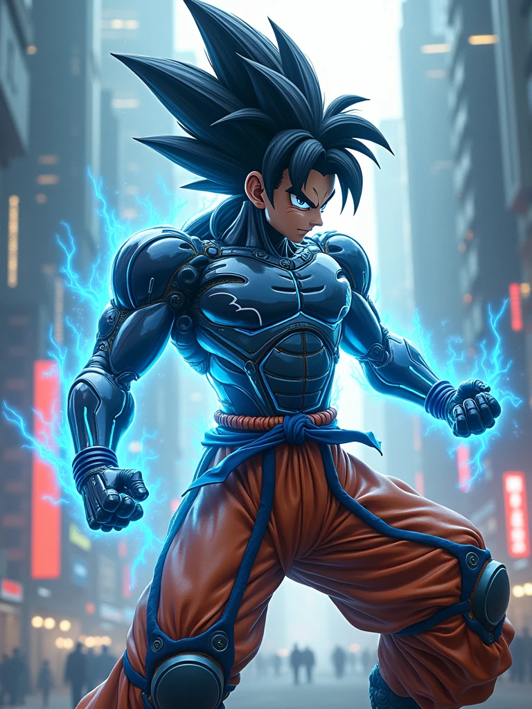 "Goku, sporting a futuristic cyborg style,. He has a blend of human and cybernetic features., He wears advanced battle armor incorporating glowing blue energy panels and mechanical parts., but his body is still essentially human.. His black hair is highlighted with strands of pulsating energy that change color. He utilizes adaptable nanofiber material and is in the midst of a battle against androids in a futuristic environment.. The scene includes high-tech buildings and futuristic cityscapes, with light effects and holograms in the background. The image should capture the integration of human and technological elements,, showcasing the intensity of the battle and the fusion of martial arts with advanced technology.."