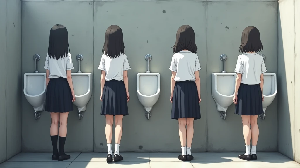 four girls facing away from each other in a public bathroom, both wearing school clothes consisting of a white t-shirt and a black skirt. They are positioned in front of white urinals fixed to the gray concrete wall. One of the girls on the left is standing looking at the urinal, while the girls on the right are standing with one leg raised, showing that she is trying to use the urinal in an unconventional way. The environment is simple and uncluttered, with a concrete floor and undecorated walls. The scene appears to be in an open-air or semi-open bathroom, due to the natural lighting coming from outside.