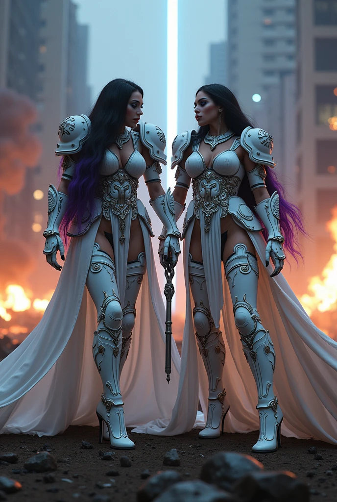 Full body pose sexy sisters of battle from the warhammer 40k, white armor with intricate details, religous symbols on the armor, sisters of battle, warhammer 40k, Massive silicone breast, pale skin, seductive, temptation, eat your soul, clevage, long flowing black hair with purple highlights, heavy gothic makeup, at night, neon, beautiful detailed eyes, beautiful detailed lips, extremely detailed eyes and face, long eyelashes, highly detailed armor, intricate futuristic weaponry, dramatic lighting, cinematic composition, muted color palette, gritty and realistic, mecha, science fiction, hyper-detailed, photorealistic, award winning digital art, 8k, HDR, masters work, in the middle of a battle field, full body combat action pose, explosions and fire around, full war, stunning, Stilleto heels, high heels, full body pose, cinematic, movie trailer, final stand!, nemesis, ready to strike, dust and debree, combat screams, attacking. shooting at the enemy, running forward, last line of defense, charging, fanatic, religious, templar knights, sisters of battle, warhammer 40k