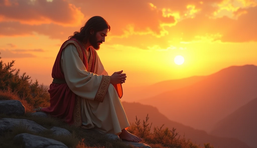 Create a realistic, detailed image of Jesus Christ praying on his knees on a mountaintop. Jesus must have his eyes closed and an expression of deep devotion and peace. He wears traditional clothing with rich details, and his posture should convey humility and reverence. The backdrop in the background is a splendid sunset, with warm, vibrant colors that blend with the sky, creating a serene and majestic atmosphere. The light from the sunset should softly illuminate the figure of Jesus, highlighting his presence and creating a halo of light around him. The surrounding environment should be natural and peaceful, with views of mountains and a sky that reflects the splendor of the evening.