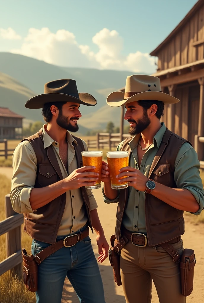 Young cute handsome beautiful 2 without beard drinking beer with a handsome man 3 on a cowboy farm