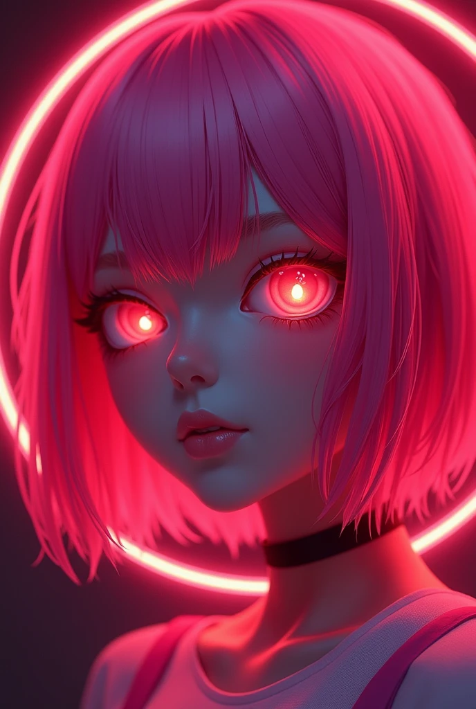 vivid neon lighting, pink hair, glowing eyes, red and pink hues, ethereal halo, soft facial features, intense gaze, dark background, smooth textures, anime-inspired, futuristic portrait, radiant glow, otherworldly atmosphere, surrealism, sharp contrasts, minimalistic setting, digital painting