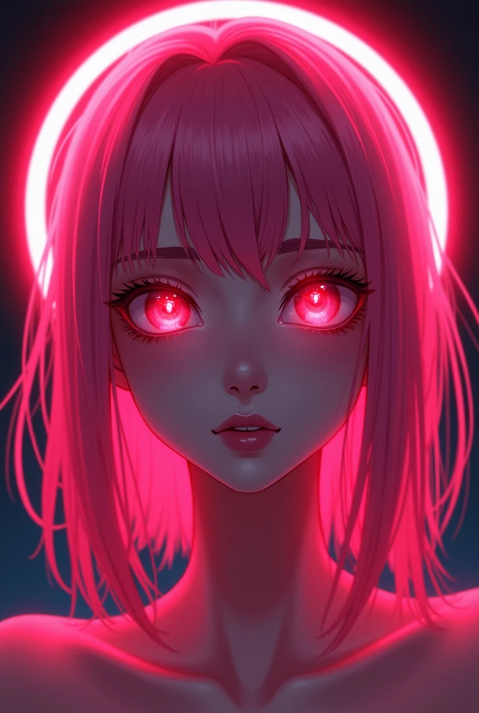 vivid neon lighting, pink hair, glowing eyes, red and pink hues, ethereal halo, soft facial features, intense gaze, dark background, smooth textures, anime-inspired, futuristic portrait, radiant glow, otherworldly atmosphere, surrealism, sharp contrasts, minimalistic setting, digital painting