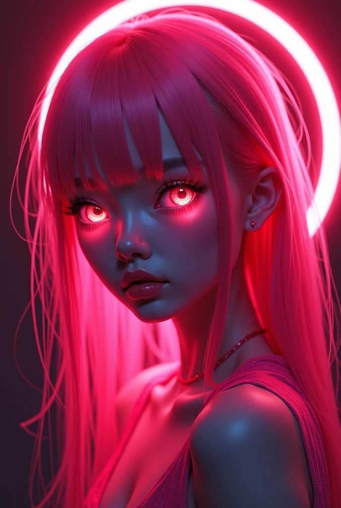 vivid neon lighting, pink hair, glowing eyes, red and pink hues, ethereal halo, soft facial features, intense gaze, dark background, smooth textures, anime-inspired, futuristic portrait, radiant glow, otherworldly atmosphere, surrealism, sharp contrasts, minimalistic setting, digital painting