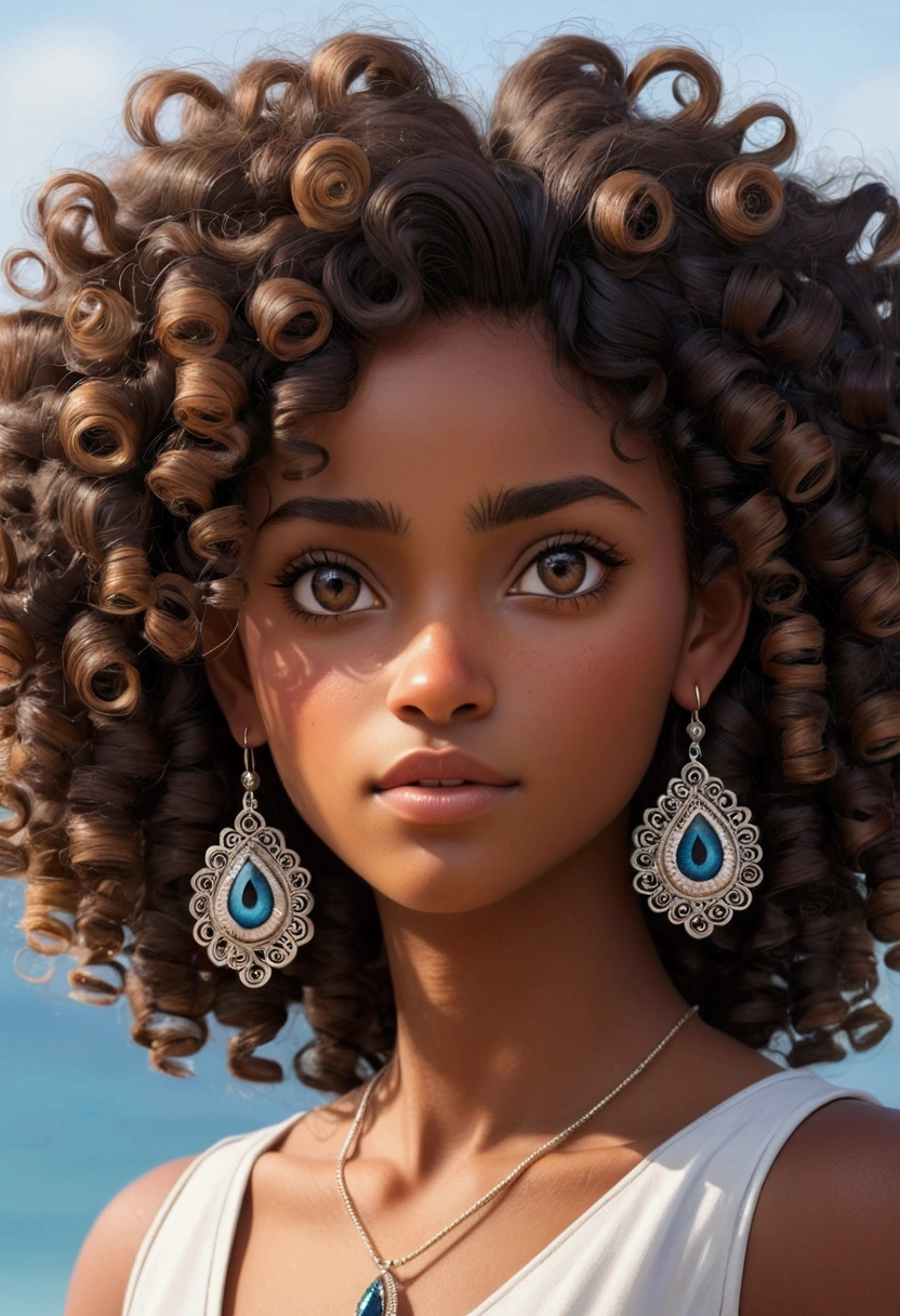 curly hair,dark-skinned,eye white,and two earrings in the ear