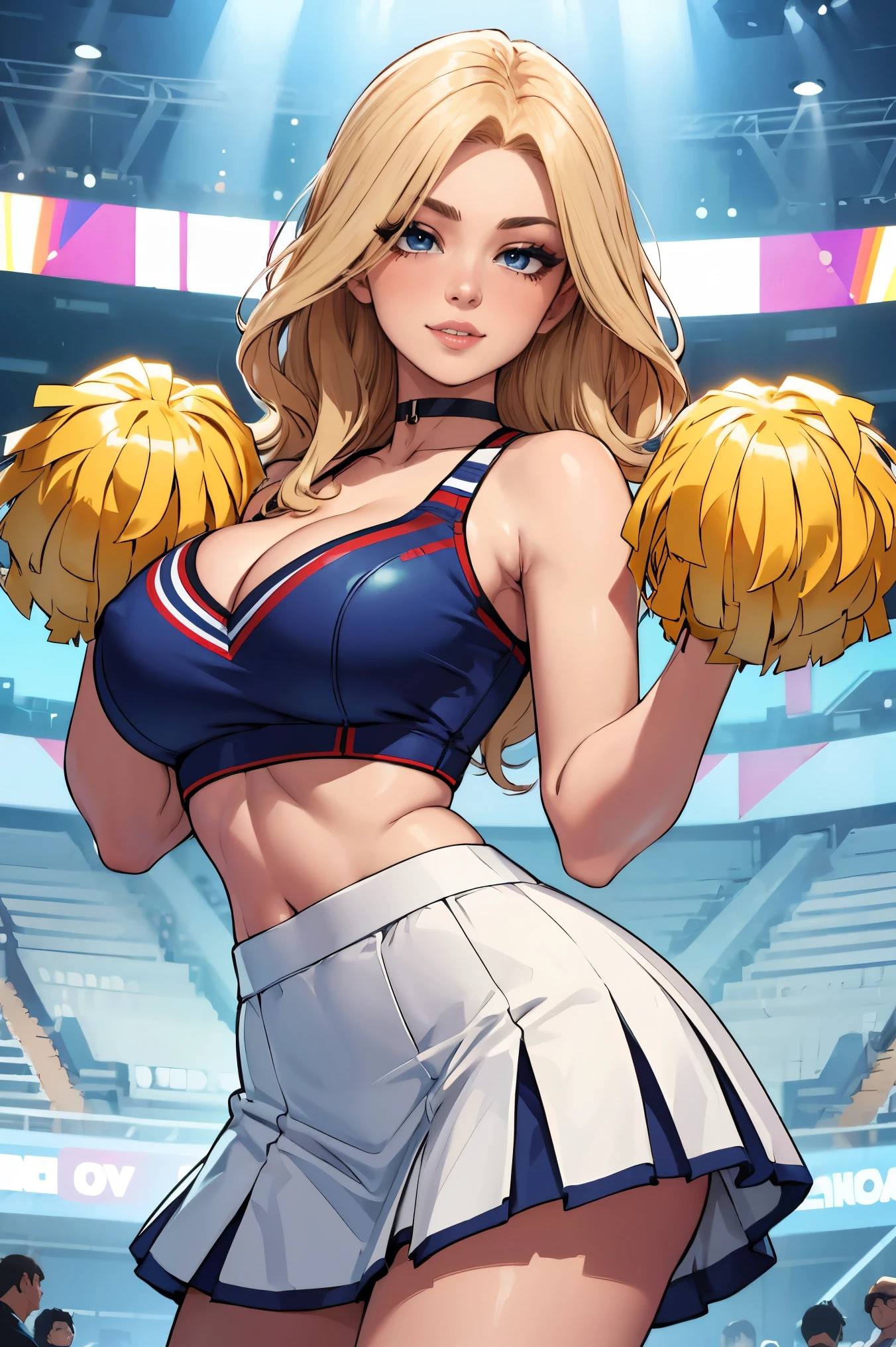 best quality, ultra high res, 1girl, mature woman, blonde long flowing hair, wearing a cheerleader outfit, white cheerleading crop top, white cheerleading skirt, white cheerleading choker, 1girl, beautiful, masterpiece, best quality, extremely detailed face, perfect lighting, 1girl, solo, best quality, ultra high res, ultra detailed,, masterpiece, best quality, cleavage, seductive smile, mature woman, perfect eyes, perfect face, perfect chin, heavy makeup (eyes, eyebrows, lips), perfect hands, seductive pose
