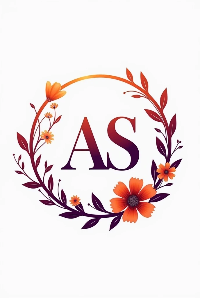 Logo for nail designer with the letters AS, in orange and purple colors with some flowers, All within a circle