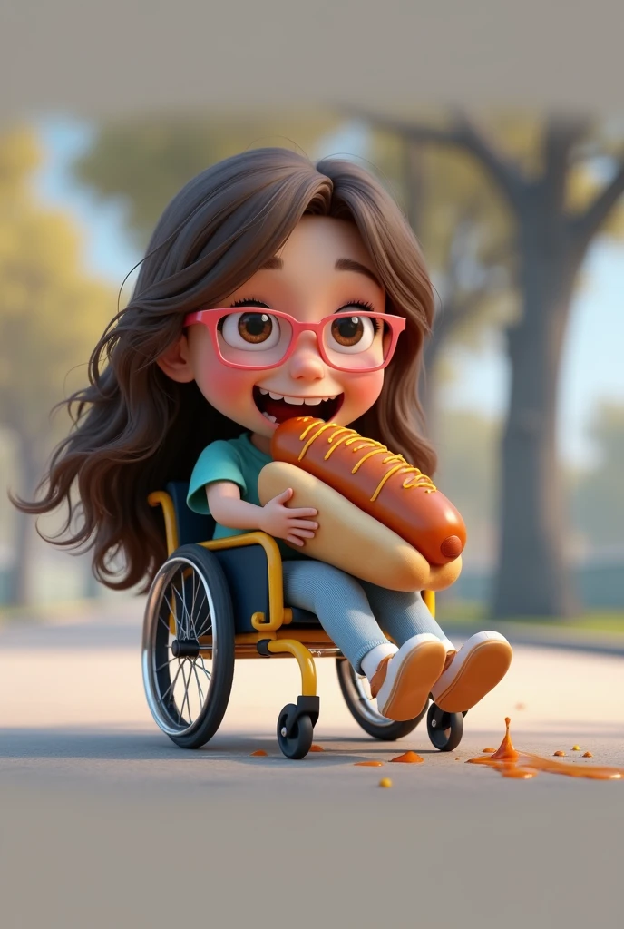 girl, , brown hair, slightly wavy, small dark brown almond-shaped eyes, medium square pink glasses, light brown skin, she is disabled and uses a wheelchair, she is eating and biting a large hot dog, while biting the hot dog the sauce splashes, she is excited, and excited, she has fun eating, day is sunny in the park, animation character, stylized character, animation style rendering, stylized 3d, Arnold Maya rendering, stylized 3D rendering, toon render screenshot, 3d character, 3d character, stylized 3d render, 3d character render, cartoon character, close-up character, character pose, (Pixar style) (master part: 1.2) (bokeh) (best quality) (detailed skin) (detailed texture) (8k) (Clay) (cinematic lighting) (sharp focus