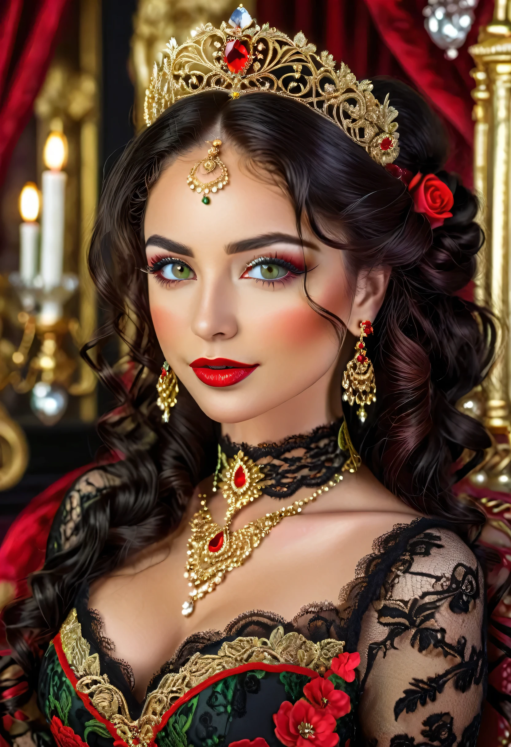 Create a beautiful woman, green eyes, detailed eyelashes and eyebrows, red mouth, glow on face, long black curly hair tied on one side of head, tiara, jewelry ornament, ((perfect half body)), wearing black floral dress red, Victorian style with lace and gold thread, lace choker with jewels, legs with black lace stockings, high heel shoes, red soles, in intricate rococo style designs, with golden thread applications, atelier background, flowers, light focusing on the highest quality hair.