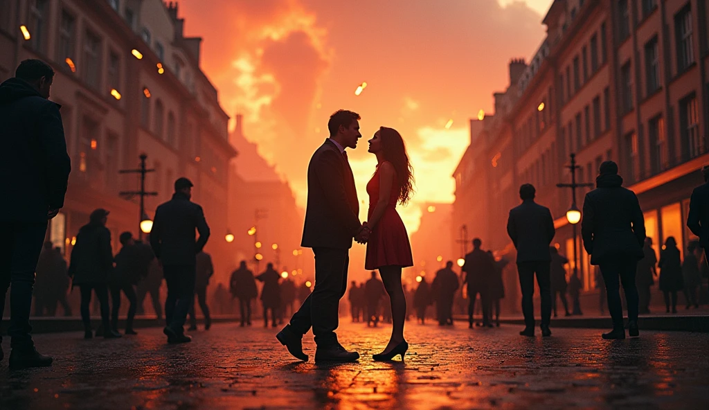 2024 London in chaos; people looking at the sky; couples kissing in the streets. Bombs falling from the sky
