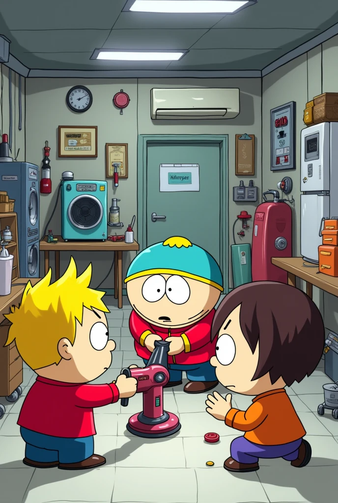 Make a drawing of the South Park series in which the characters are playing with a polisher in an air conditioning repair workshop in which there are air conditioners., Refrigerators and work tools on the floor or tables
 
