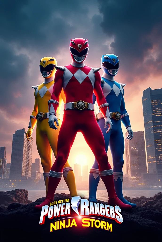 movie poster for the return of power ranger ninja storm with red, yellow and blue ranger