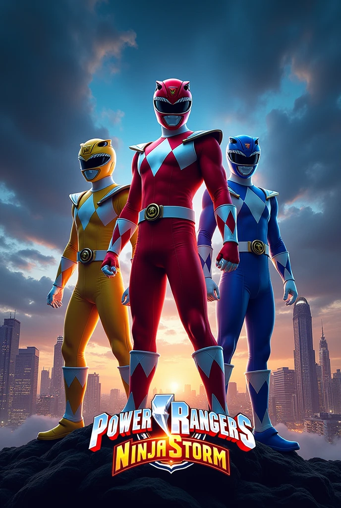 movie poster for the return of power ranger ninja storm with red, yellow and blue ranger
