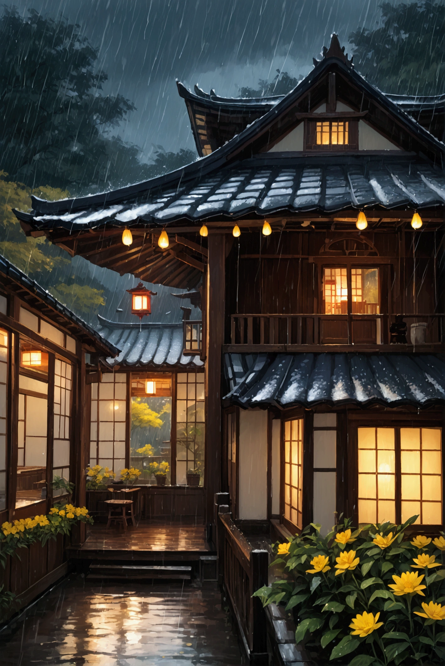 house on wet street with balcony overlooking outside in village, clear glass window, Shirakawa-go, Japan, rainy environment, (((FHD))) (((high definition))), green garden, trees, rainy day, lights, pine, night ambience, lights cozy in the rain, lush japanese landscape, japanese house, rain, fog, , ultra-fine photography, realistic, realistic, purple, red, yellow flowers