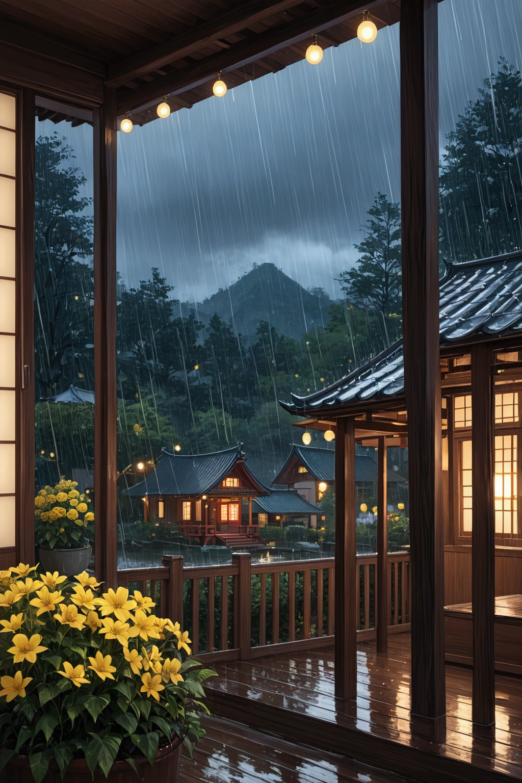  house on wet street with balcony overlooking outside in village, clear glass window, Shirakawa-go, Japan, rainy environment, (((FHD))) (((high definition))), green garden, trees, rainy day, lights, pine, night ambience,  lights cozy in the rain, lush japanese landscape, japanese house, rain, fog, , ultra-fine photography, realistic, realistic, purple, red, yellow flowers