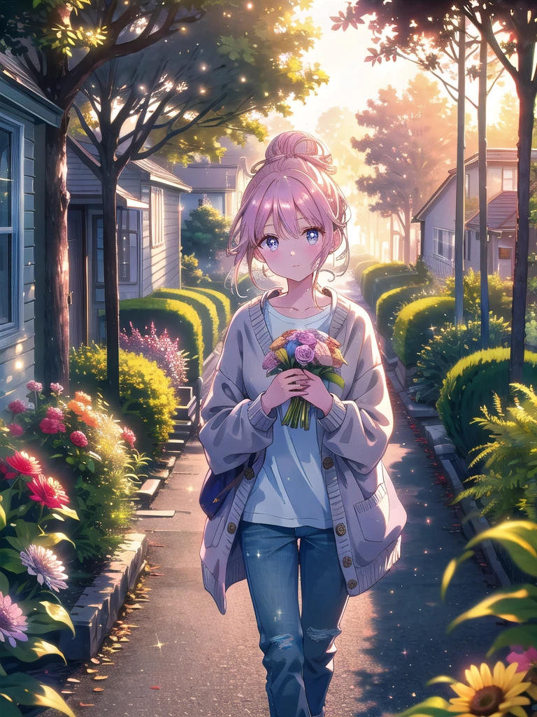 ((8k, Highest quality, masterpiece: 1.3)),Ultra-high resolution,(1 girl, alone), (Color changing eyes, Ultra-detailed, Expressive brilliance, Glitter, Glowing Eyes), Highly detailed eyes, Highly detailed face, Random Hair, ((pastel colour))Evening Walk in the Neighborhood
The woman is taking a leisurely stroll down a quiet, tree-lined street in her neighborhood as the sun sets. She’s wearing a soft, oversized cardigan over a simple t-shirt and skinny jeans, her hair tied up in a loose bun. She holds a small bouquet of flowers in one hand, and as she looks at the camera, her expression is one of contentment and calm. The warm, golden light of the setting sun filters through the trees, casting a serene glow over the scene.