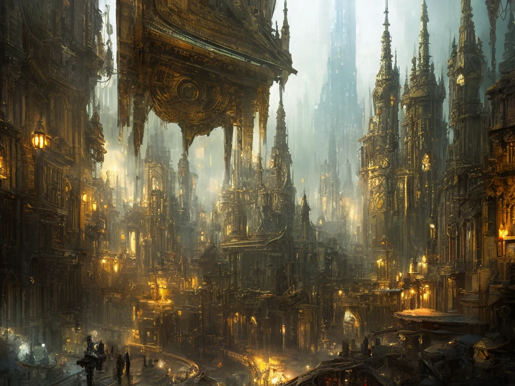 A steampunk style city, dark fairytale atmosphere, soft light, high chaos, intricate work by Johan Grenier style, Alyssa Monks style