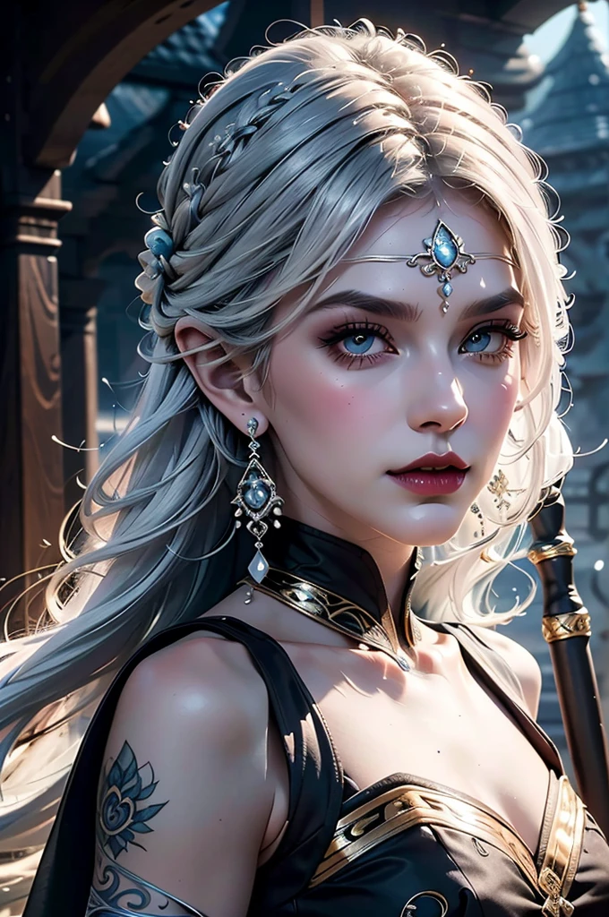 A tall, slender female drow (dark elf) with pale blue skin and a curvy, yet lean and toned body. This drow has long, wavy silvery-white hair tied in an ornate ponytail. She wears the garb of a Shadow Path Monk, dark shades of black and gray, and a black blindfold over her eyes, covering them. She wears silver accessories, such as earrings, piercings, and other discreet adornments and decorations on her attire. She carries a Bo Staff in her hands. Dynamic pose, dynamic setting.