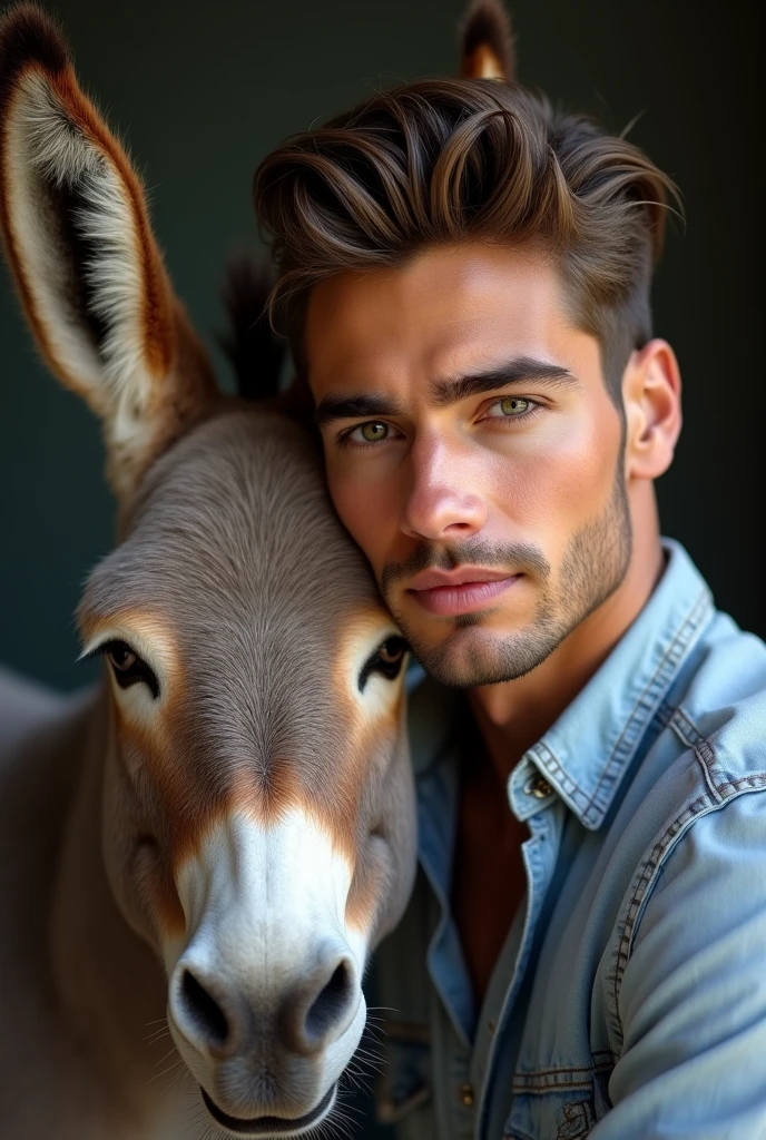 Young cute handsome beautiful 2 without beard taking perfect face next to him a donkey