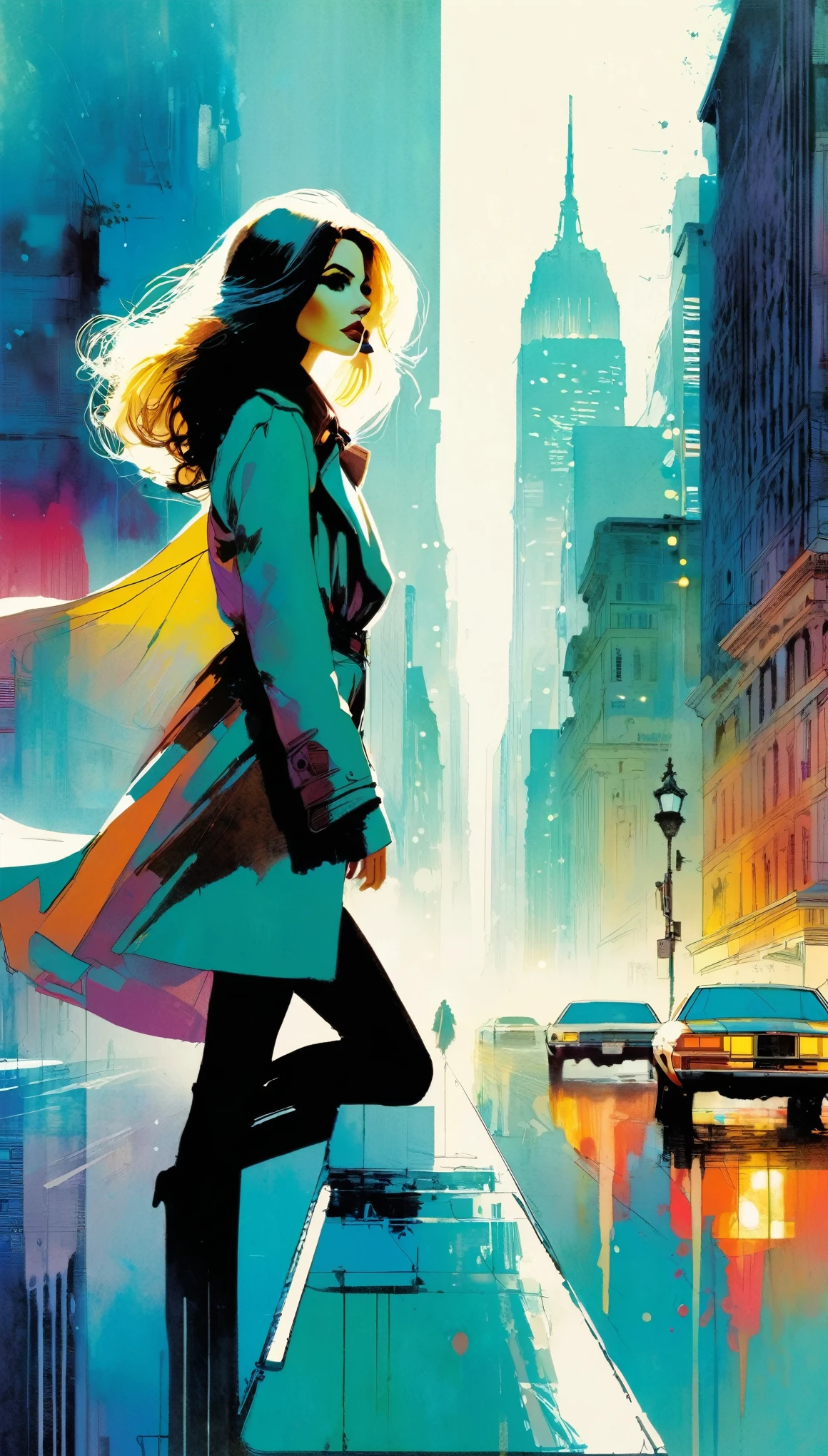 artistic inspiration of bill sienkiewicz
city landscape background,1girl,leaning_to_the_side,fashion and gorgeous costumes