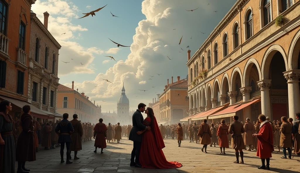1500 Venice((middle Ages))) in chaos; people looking at the sky; spears falling from the sky; couples kissing in the streets.