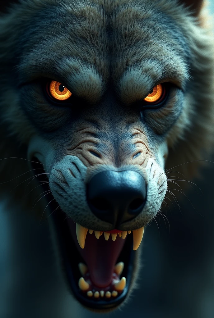 create the face of a werewolf near the screen with eyes wide open reflecting 3 children