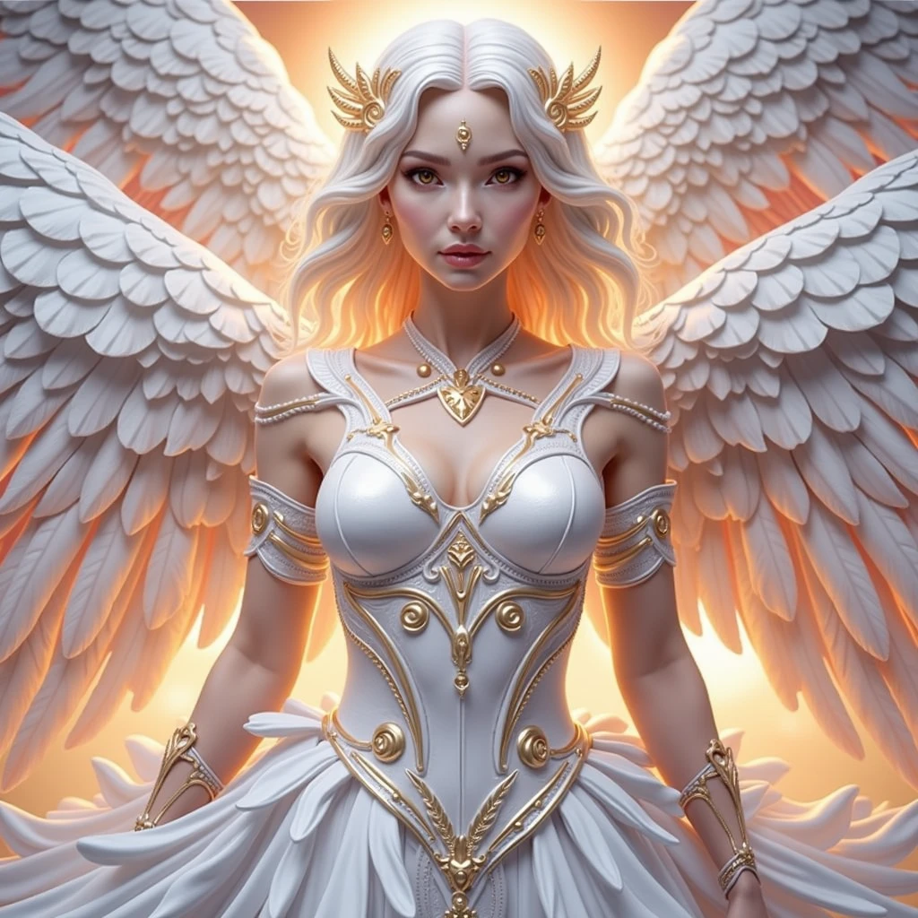 A sexy angel white silver orange hues big gigantic breast and very large wings with sun flares emitting and swirling giving powerful power surges of energies