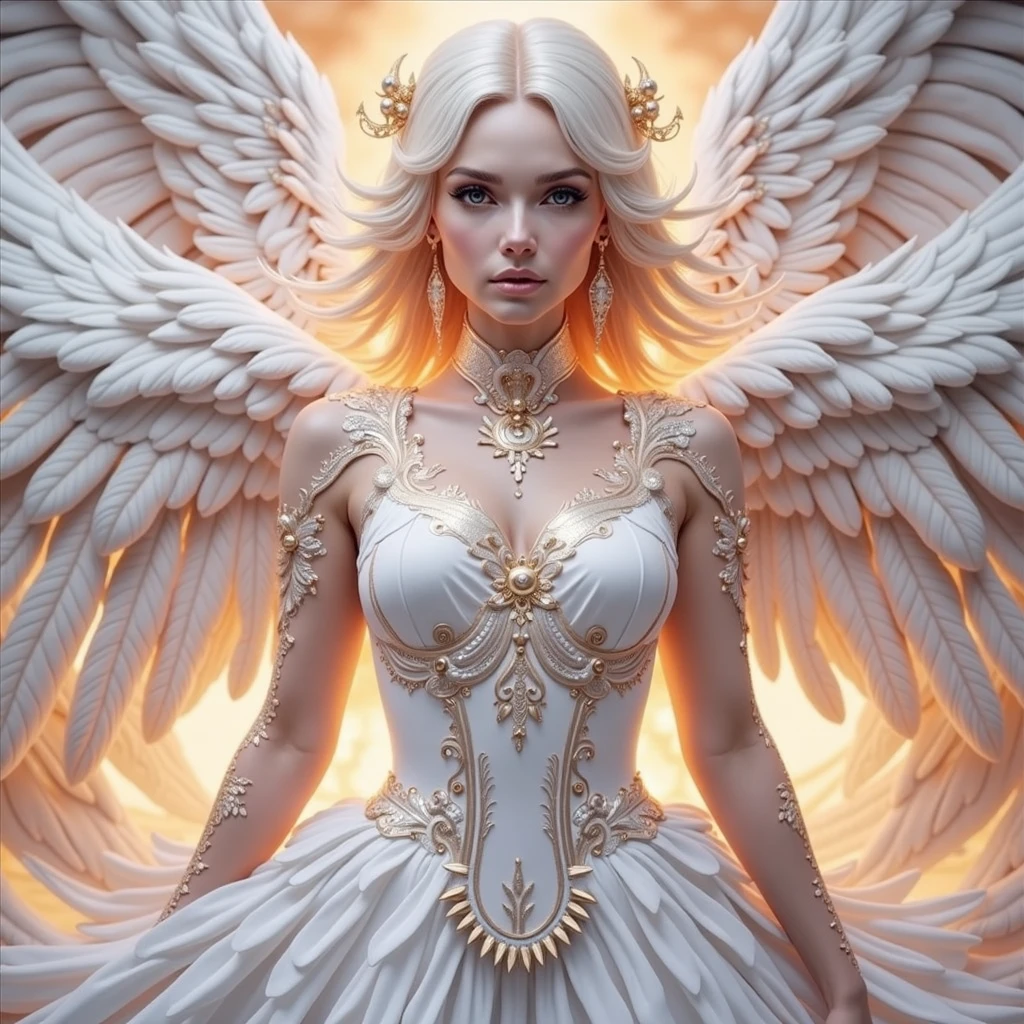 A sexy angel white silver orange hues big gigantic breast and very large wings with sun flares emitting and swirling giving powerful power surges of energies 