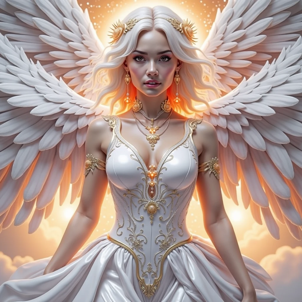 A sexy angel white silver orange hues big gigantic breast and very large wings with sun flares emitting and swirling giving powerful power surges of energies
