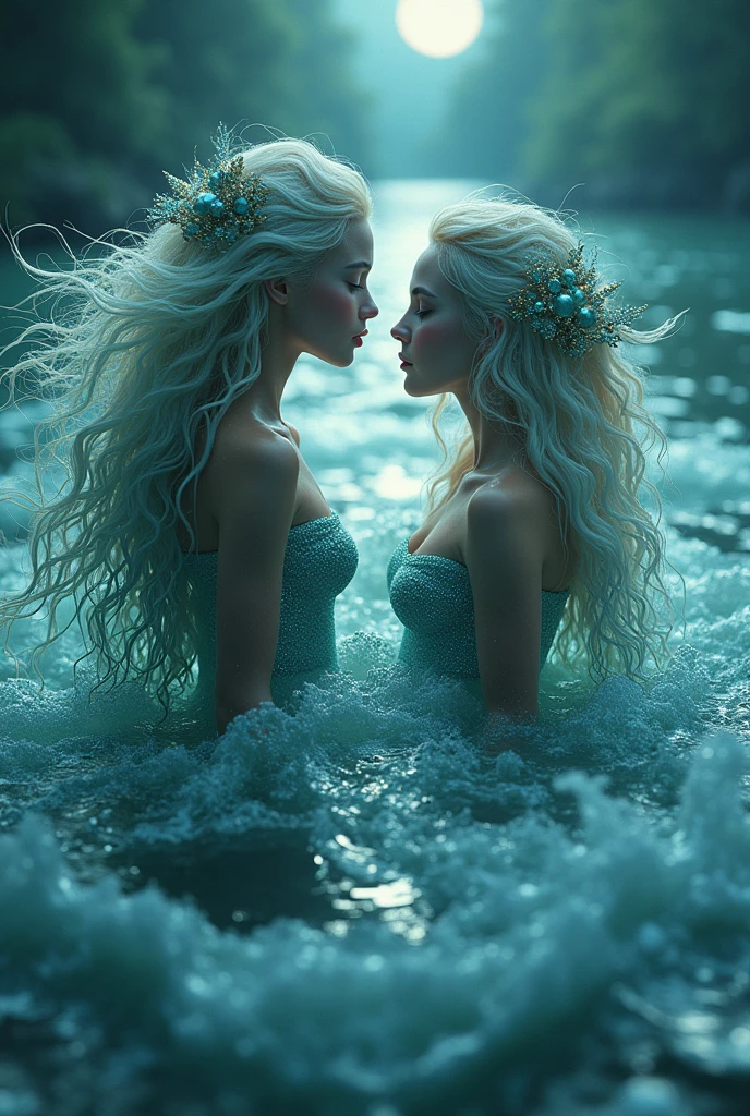 (masterpiece,Distinguished Quality,Mirror-like,Cinematic Experience,insanely detailed,absurdres),8k,full image shot),(3 females), the shimmering, iridescent depths of an enchanted ocean, mesmerizing sirens, (tales:2:0), big breasts, nipples ,8k, slim waist, shimmering scales on a tale, luminous, pearlescent skin glistening with dew, long, flowing hair a wild tangle of seaweed and glittering, gemstone-encrusted locks, as their piercing, aquamarine eyes gleam with an otherworldly allure, shimmering, crystalline tail glimmers with a soft, ethereal light, beckoning sailors to their doom with a haunting, melodic song that echoes through the mystical, moonlit waves, Imagine the captivating, underwater scene!