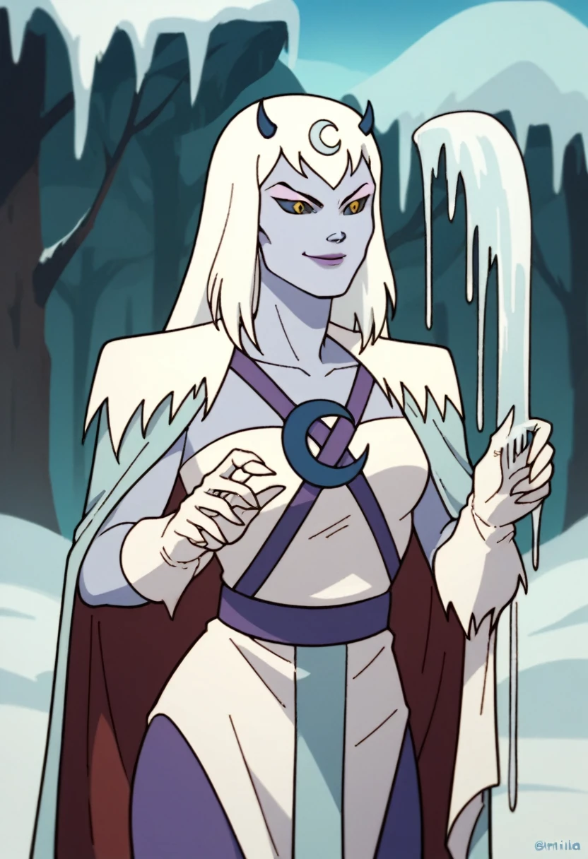 score_9, score_8_up, score_7_up, score_6_up, score_5_up, score_4_up, chilla, thundercats, icicles, standing, cape, smile, colored skin, white hair, long hair, solo, black sclera, yellow eyes, score_9, source_anime,, snow outside