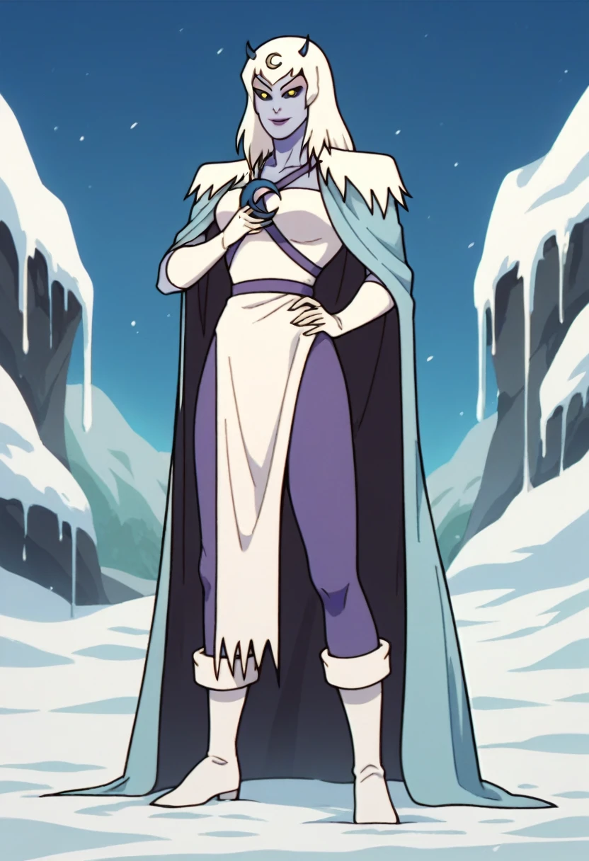 score_9, score_8_up, score_7_up, score_6_up, score_5_up, score_4_up, chilla, thundercats, icicles, standing, cape, smile, colored skin, white hair, long hair, solo,  black sclera, yellow eyes,  score_9, source_anime,, snow outside 