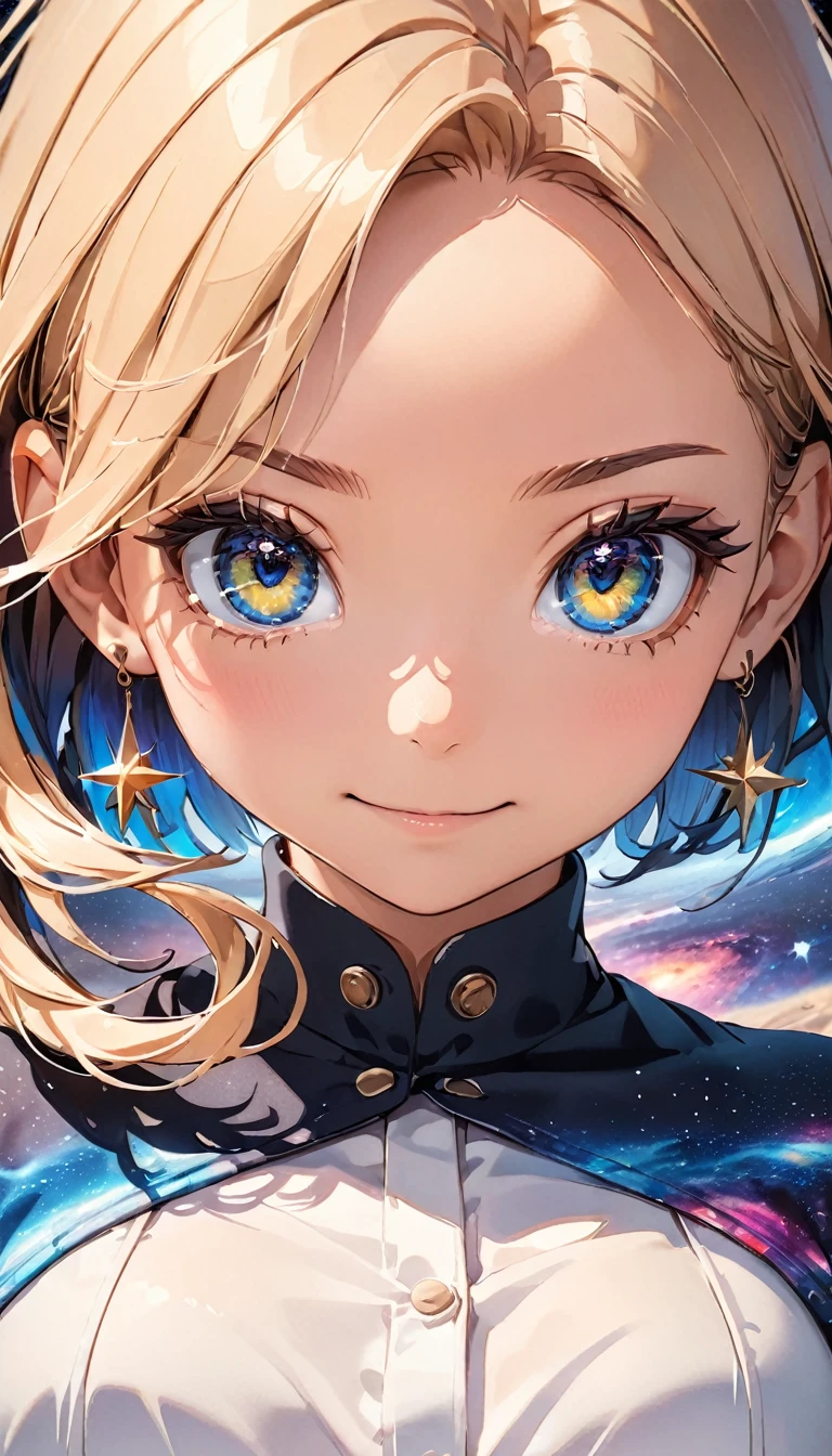 anime illustration, ((((highest quality)))), (((Ultra-precision CG 16K))), (((masterpiece))), BREAK skinny body, slender waist, medium Breasts, (((perky breasts))), ((sagging breasts)), (covered nipples), (((tanned skin, tan lines))) , BREAK (written in detail of face, smiling, blush, determined expression, sweaty , Heavy breathing, embarrassed, ) , (natural make), BREAK narrow eyes, (streaked hair, hair intakes, colored inner hair, ) BREAK (((wearing printed oversized clothing , wearing wide-leg-pants, breasts is covered by outfit, (detailed panty), Narrow aisles,))) , wearing earrings , BREAK ( stick breast out,) BREAK (( ripples , horizon , under the cosmic sky on the cosmic sea , cosmic effects, a girl blended into the background )), ((((extremely closeup of eyes shot, looking at viewer, extremely detailed eyes )))), BREAK ((cinematic , pinup magazine pose, dancing