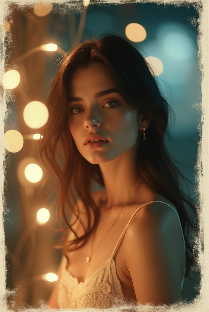 (photorealism:1.2), photo polaroid, night photo, Beautiful woman, pale skin, bokeh, Motion blur, fair lights