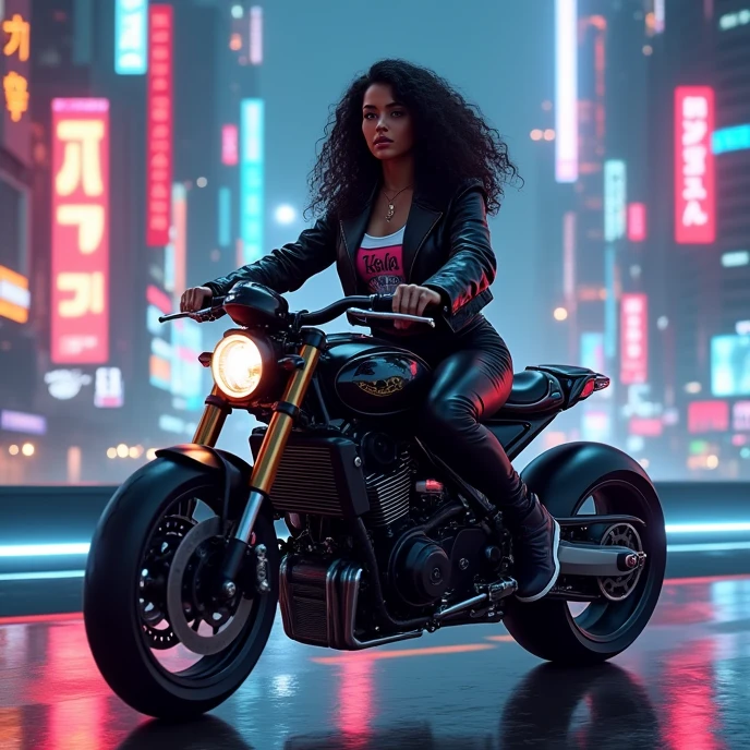 realistic photo of a (pretty girl, 2, brunette, black eyes) driving a moto with atached sidecar aside and crossing a cyberpunk city , (full lips), ((perfect face)), [[mild smile]] proportionate body,mixed herritage, beautyfull, beautyfull face, tanned skin, two arms, two legs, five fingers by hand, (curly black long hair), biker girl wearing leather pants and open jacket, biker themed t-shirt under open jacket, girl driving a two-wheeled moto with an one-wheel atached sidecar, neon, night, high cyberpunk buildings at background, photo taken from behind, (award winning photo), (instagram influencer photo)
