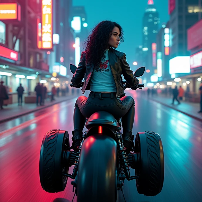 realistic photo of a (pretty girl, 2, brunette, black eyes) driving a moto with atached sidecar aside and crossing a cyberpunk city , (full lips), ((perfect face)), [[mild smile]] proportionate body,mixed herritage, beautyfull, beautyfull face, tanned skin, two arms, two legs, five fingers by hand, (curly black long hair), biker girl wearing leather pants and open jacket, biker themed t-shirt under open jacket, girl driving a two-wheeled moto with an one-wheel atached sidecar, neon, night, high cyberpunk buildings at background, photo taken from behind, (award winning photo), (instagram influencer photo)
