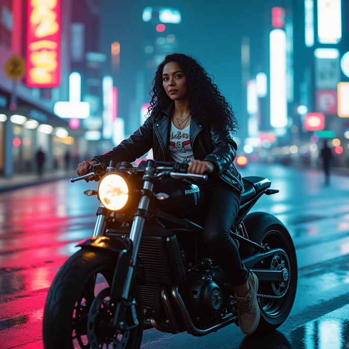 realistic photo of a (pretty girl, 2, brunette, black eyes) driving a moto with atached sidecar aside and crossing a cyberpunk city , (full lips), ((perfect face)), [[mild smile]] proportionate body,mixed herritage, beautyfull, beautyfull face, tanned skin, two arms, two legs, five fingers by hand, (curly black long hair), biker girl wearing leather pants and open jacket, biker themed t-shirt under open jacket, girl driving a two-wheeled moto with an one-wheel atached sidecar, neon, night, high cyberpunk buildings at background, photo taken from behind, (award winning photo), (instagram influencer photo)
