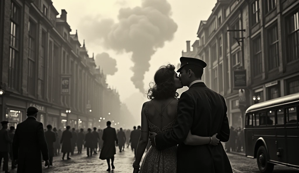 1940 London in chaos; people looking at the sky; couples kissing in the streets. Bombs falling from the sky