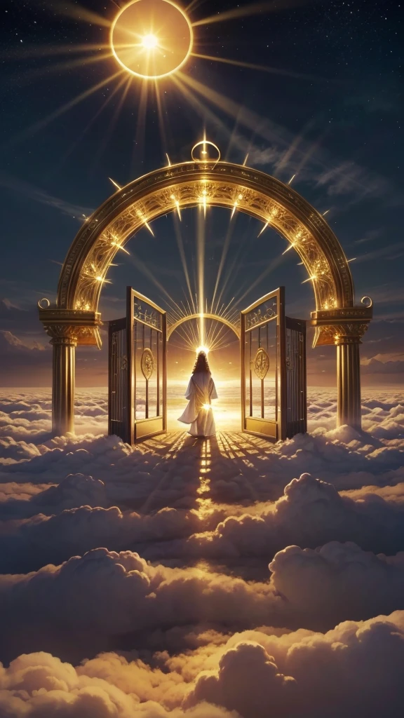 a gate in the clouds with a sun shining behind it, the gates of heaven, gates of heaven, gold gates of heaven!!!!!!!!, heavens gate, heaven gate, heaven!!!!!!!!, tall golden heavenly gates, heaven, heaven in the top, magic portal in the sky, heaven paradise, esoteric equation heaven, she is arriving heaven, heaven background, heavens