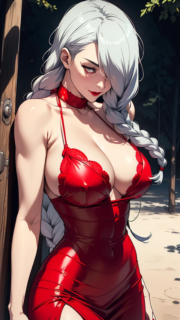 {-erro_de_anatomia:1.0} ultra realistic 8k cg, masterpiece, ((ultra detailed background, delicate pattern, intricate detail)), (highly detailed, fine detailest quality, 1girl, (photorealistic:1.4),beautiful lighting, absurdres, RAW photo, film grain, ((medium breasts, slim girl)), 1girl, MeiMei, solo, long hair, braid, dress, hair over one eye, smile, braided bangs, braided ponytail, white hair, , holding, makeup, grey hair, red lips, one eye covered, lipstick, parted lips, single braid, (complex detailed background, outside, environment, cowboy shot, from behind), black dress, Mei Mei from Jujutsu Kaisen, S, CHRISTMAS bikini, RED bikini, BIG , CLEAVAGE, BIG CLEAVAGE, CHRISTMAS bikini, white clothes, meimei (jujutsu kaisen), christmas dress, red dress, red dress with big cleavage, christmas lingerie, bare chest, smirk