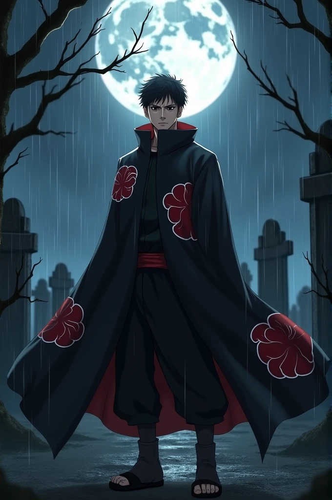 White guy, with black eyes, short curly hair, dressed in an Akatsuki costume from Naruto Shippuden, in a dark cemetery with a full moon, raining and lightning, very handsome and attractive approximately 40 years old. make it look real
