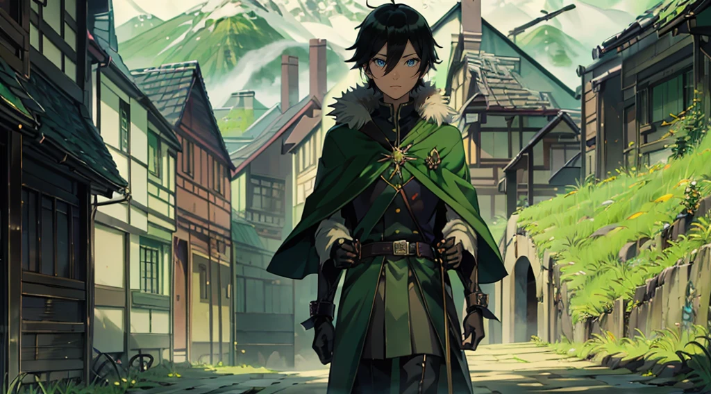 yuichiro hyakuya, (WithoutFear:1), demon king, evil face, 1 boy, black hair, green eyes, brown coat, gray armor, green shield, green cloak, dark brown gloves, castle, white fur trim, tall, anime, standing, good quality, portrait, looking at viewer