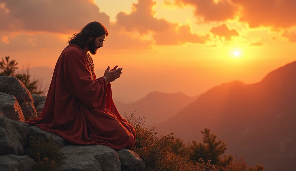 Create a realistic, detailed image of Jesus Christ praying on his knees on a mountaintop. Jesus must have his eyes closed and an expression of deep devotion and peace. He wears traditional clothing with rich details, and his posture should convey humility and reverence. The backdrop in the background is a splendid sunset, with warm, vibrant colors that blend with the sky, creating a serene and majestic atmosphere. The light from the sunset should softly illuminate the figure of Jesus, highlighting his presence and creating a halo of light around him. The surrounding environment should be natural and peaceful, with views of mountains and a sky that reflects the splendor of the evening.
